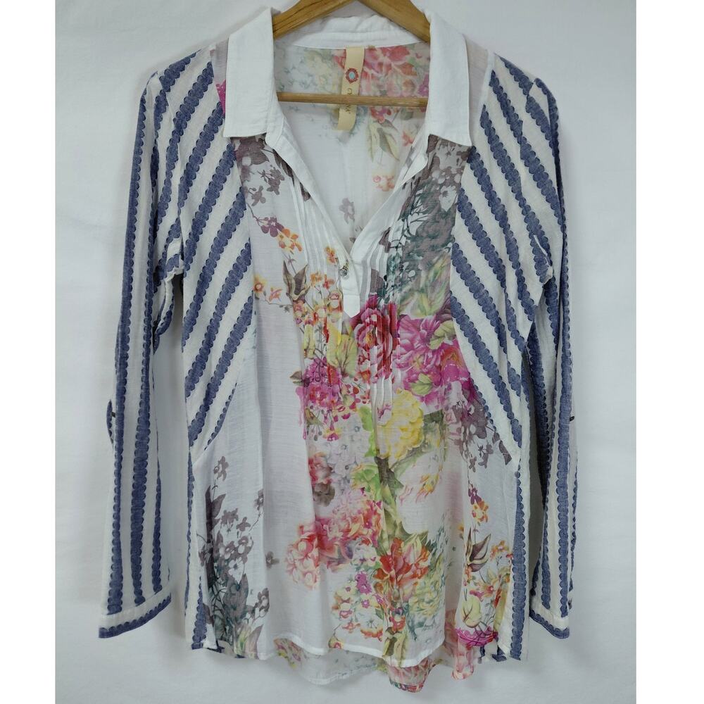 CYRENA  Linen Floral Striped Blouse Multicolor 3/4 Sleeve Woven Size M